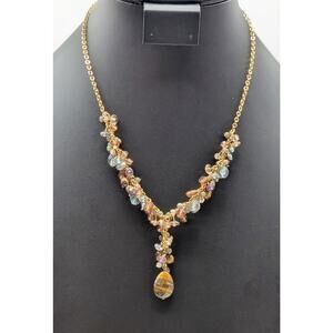 Vintage Avon Tiger's Eye Gold Tone Y Drop Cluster Beaded 16"-19" Necklace